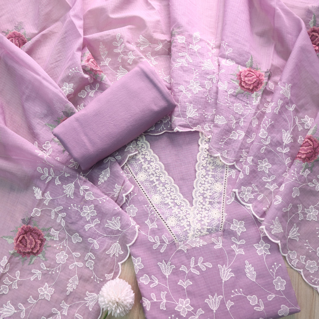 Rahi Purple Mauve All Over Thread Work with V Neck Kota Doria Suit Set