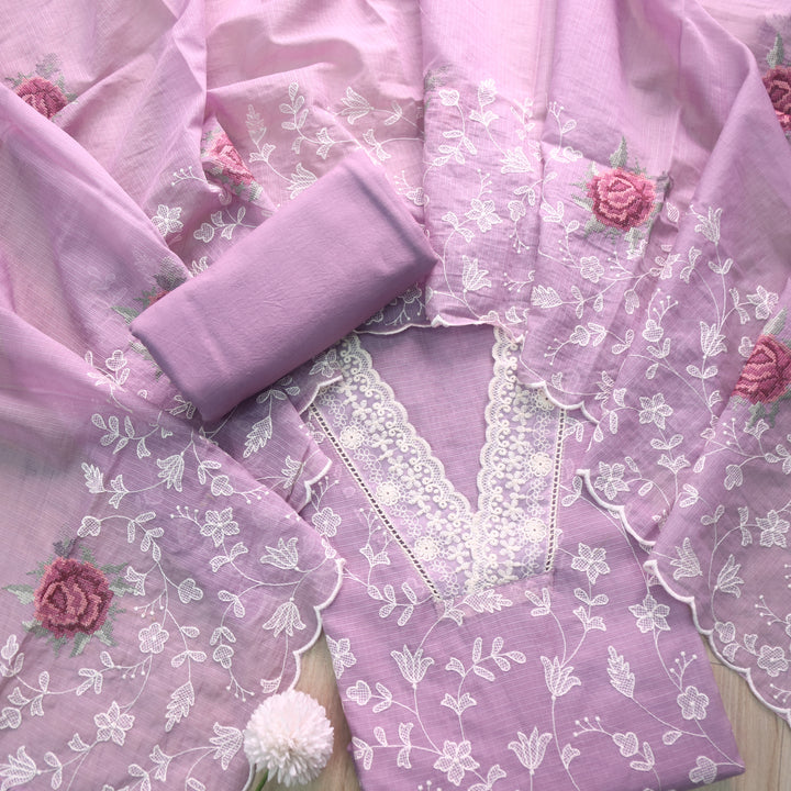 Rahi Purple Mauve All Over Thread Work with V Neck Kota Doria Suit Set