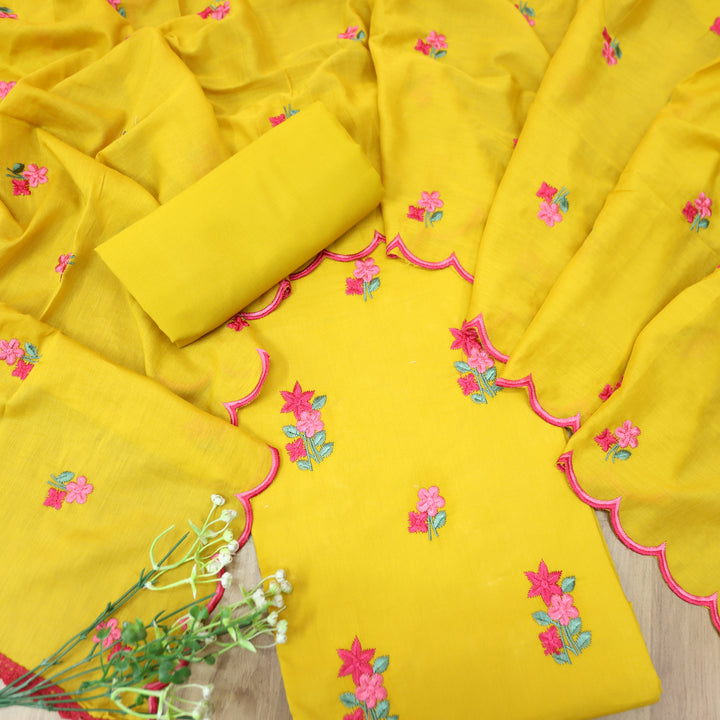 Mustani Sunflower Yellow All Over Floral Thread Embroidered Work Cotton Suit Set