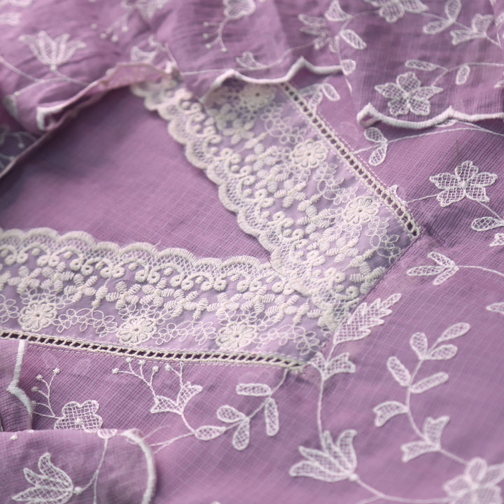 Rahi Purple Mauve All Over Thread Work with V Neck Kota Doria Suit Set