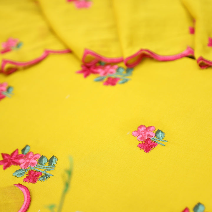 Mustani Sunflower Yellow All Over Floral Thread Embroidered Work Cotton Suit Set