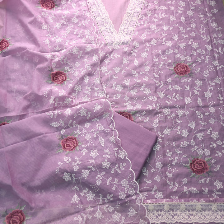 Rahi Purple Mauve All Over Thread Work with V Neck Kota Doria Suit Set