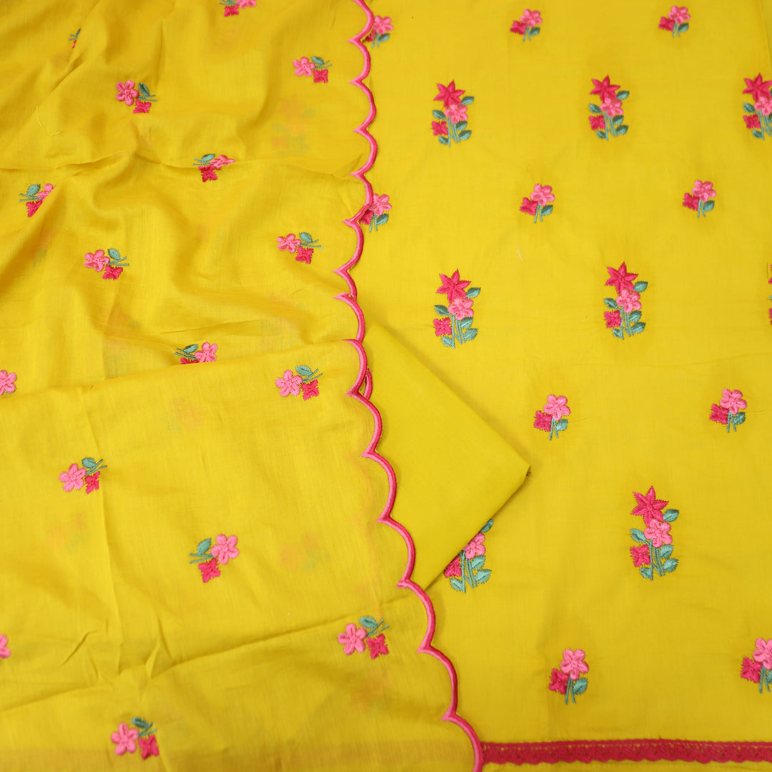 Mustani Sunflower Yellow All Over Floral Thread Embroidered Work Cotton Suit Set