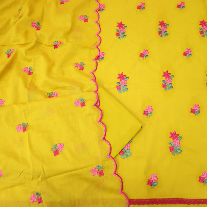 Mustani Sunflower Yellow All Over Floral Thread Embroidered Work Cotton Suit Set