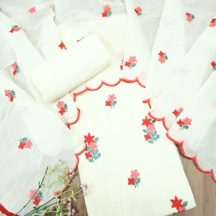 Mustani Pearl White All Over Floral Thread Embroidered Work Cotton Suit Set