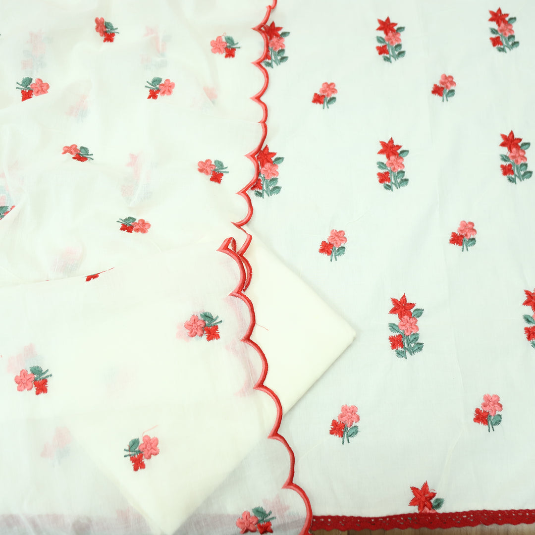 Mustani Pearl White All Over Floral Thread Embroidered Work Cotton Suit Set