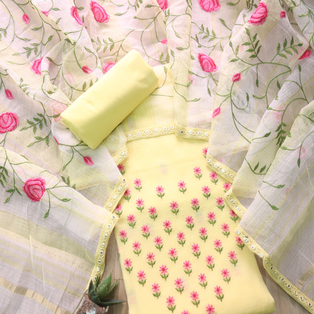 Udarri Bright Yellow Floral Buti Embriodered Kota Doriya Suit Set