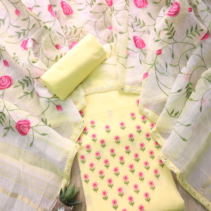 Udarri Bright Yellow Floral Buti Embriodered Kota Doriya Suit Set