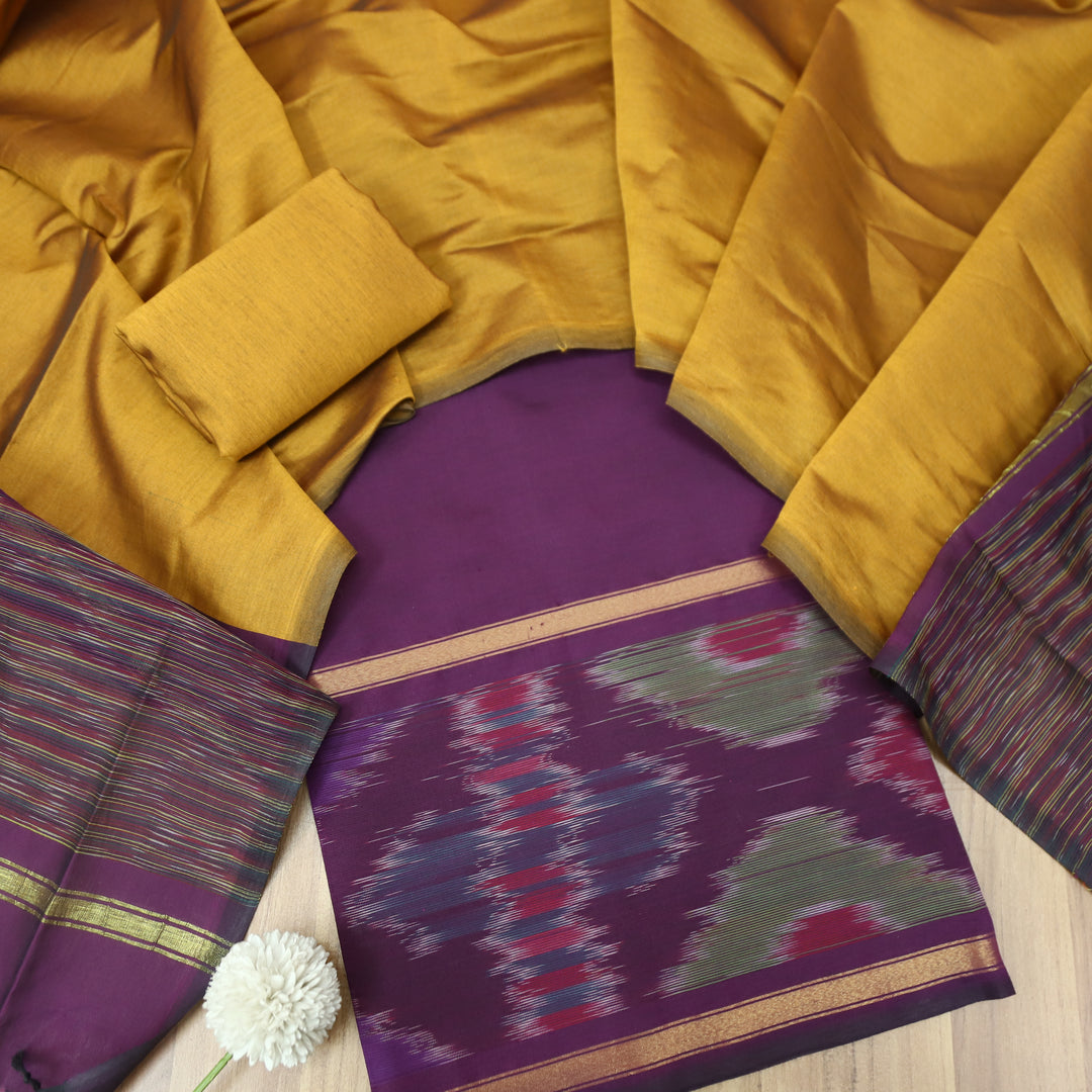 Vashudhara Eggplant Purple Ikkat Printed Hem Work Cotton SIlk Suit Set