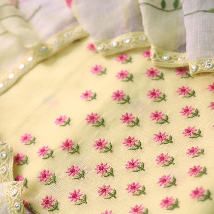 Udarri Bright Yellow Floral Buti Embriodered Kota Doriya Suit Set