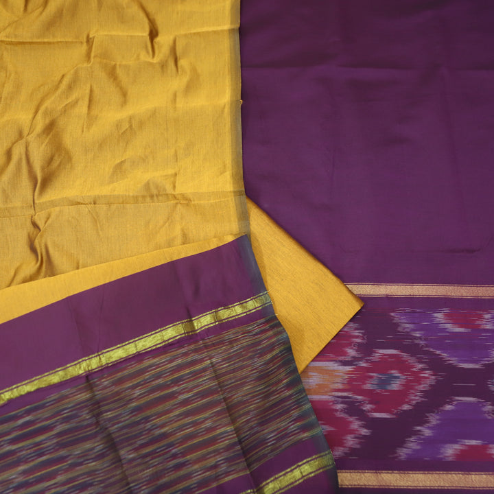 Vashudhara Eggplant Purple Ikkat Printed Hem Work Cotton SIlk Suit Set
