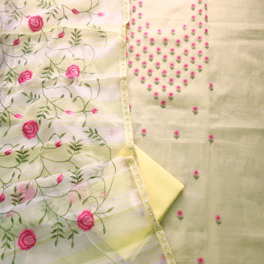 Udarri Bright Yellow Floral Buti Embriodered Kota Doriya Suit Set
