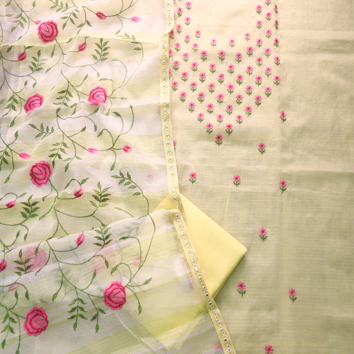 Udarri Bright Yellow Floral Buti Embriodered Kota Doriya Suit Set