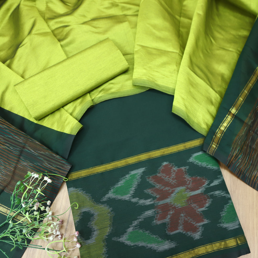 Vashudhara Sacramento Green Ikkat Printed Hem Work Cotton SIlk Suit Set