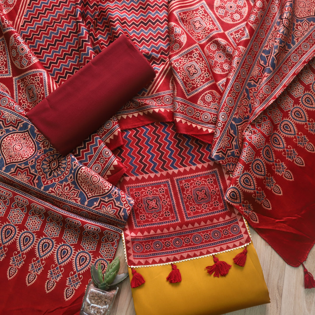 Kushal Dijon Yellow Glazed Cotton Top and Printed Mashru Dupatta-D1