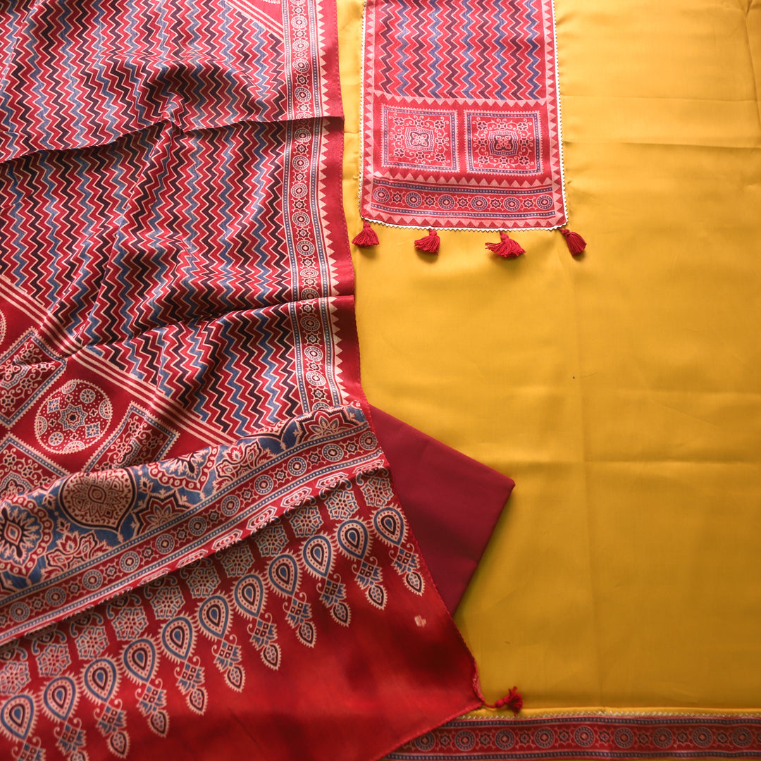 Kushal Dijon Yellow Glazed Cotton Top and Printed Mashru Dupatta-D1