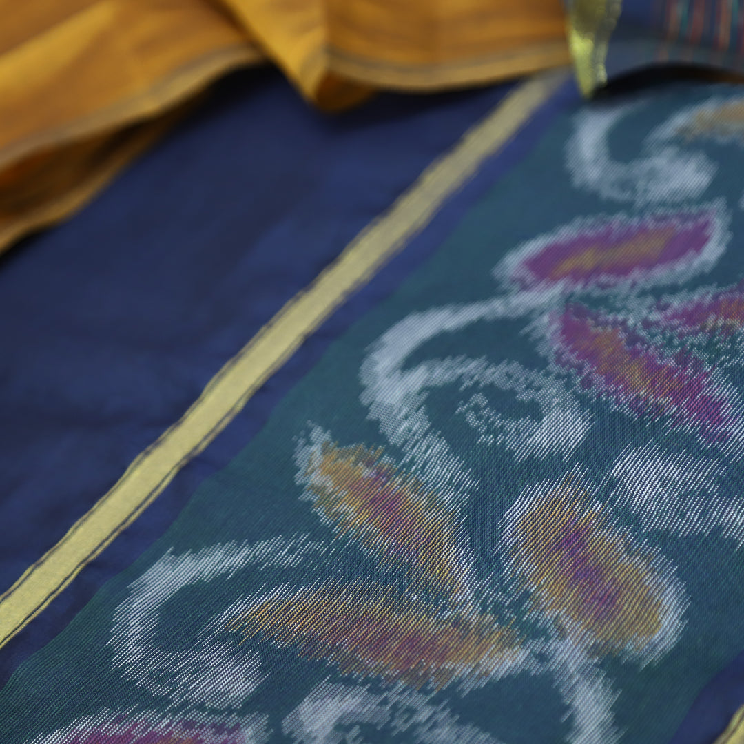 Vashudhara Deep Royal Blue Ikkat Printed Hem Work Cotton SIlk Suit Set