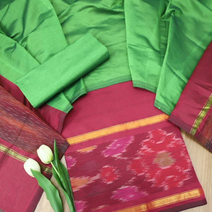 Vashudhara Cranberry Red Ikkat Printed Hem Work Cotton SIlk Suit Set