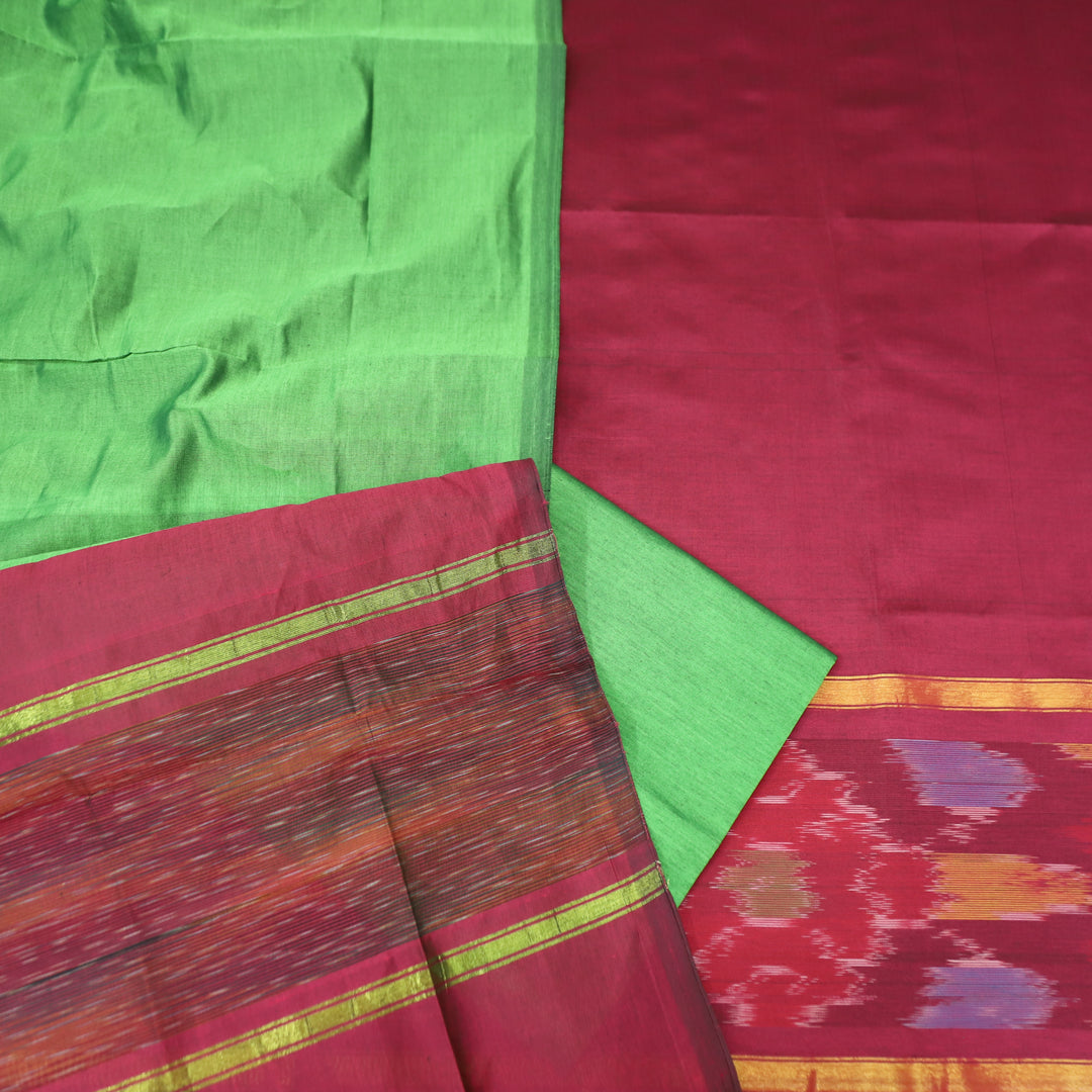 Vashudhara Cranberry Red Ikkat Printed Hem Work Cotton SIlk Suit Set