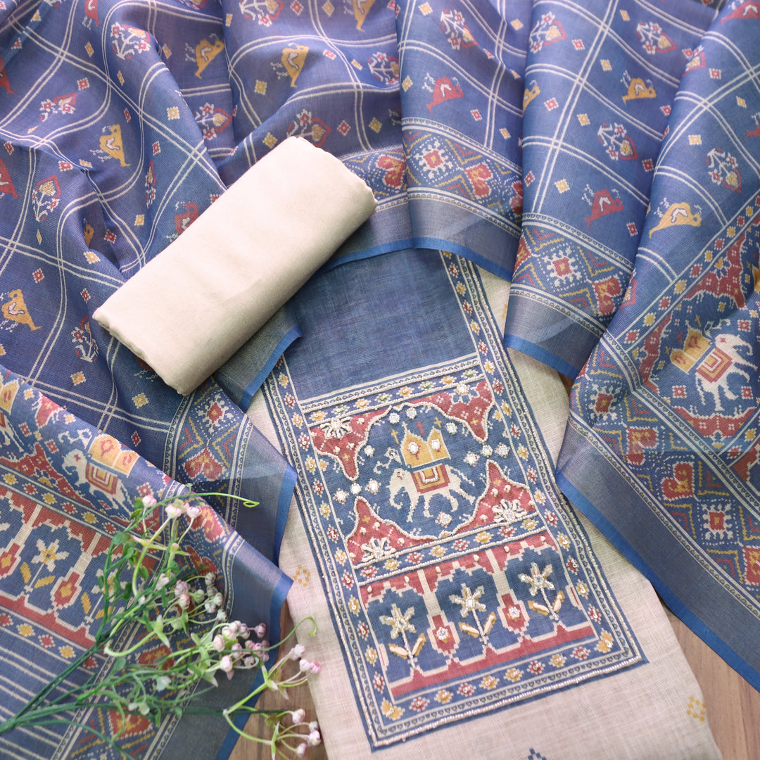 Vrindi Beige with Blue Moti Work Patola Printed Yoke and Hem Shimmer Tissue Linen Set