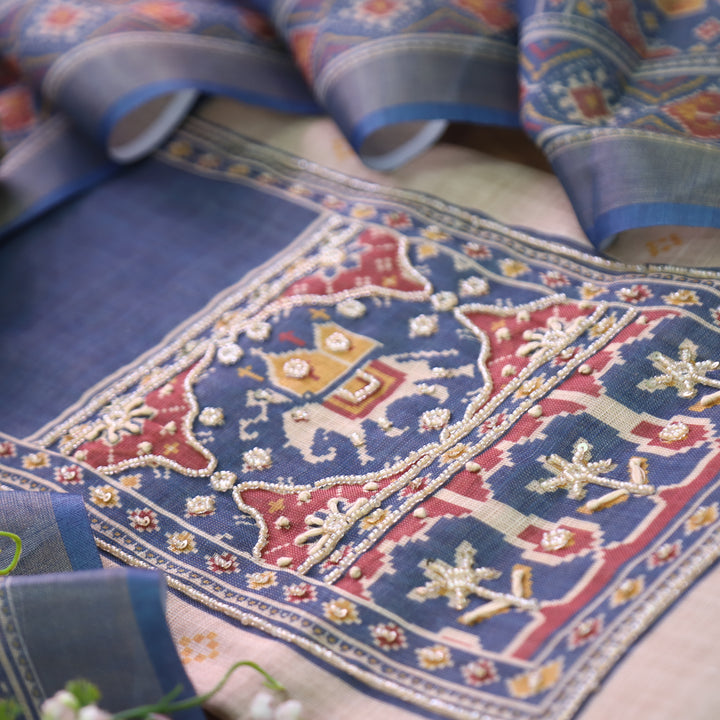 Vrindi Beige with Blue Moti Work Patola Printed Yoke and Hem Shimmer Tissue Linen Set