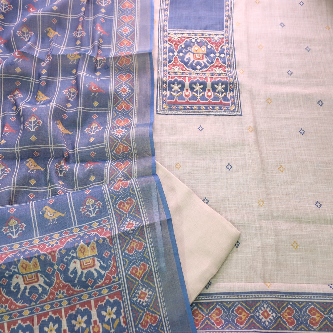 Vrindi Beige with Blue Moti Work Patola Printed Yoke and Hem Shimmer Tissue Linen Set