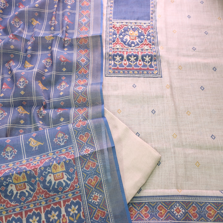 Vrindi Beige with Blue Moti Work Patola Printed Yoke and Hem Shimmer Tissue Linen Set