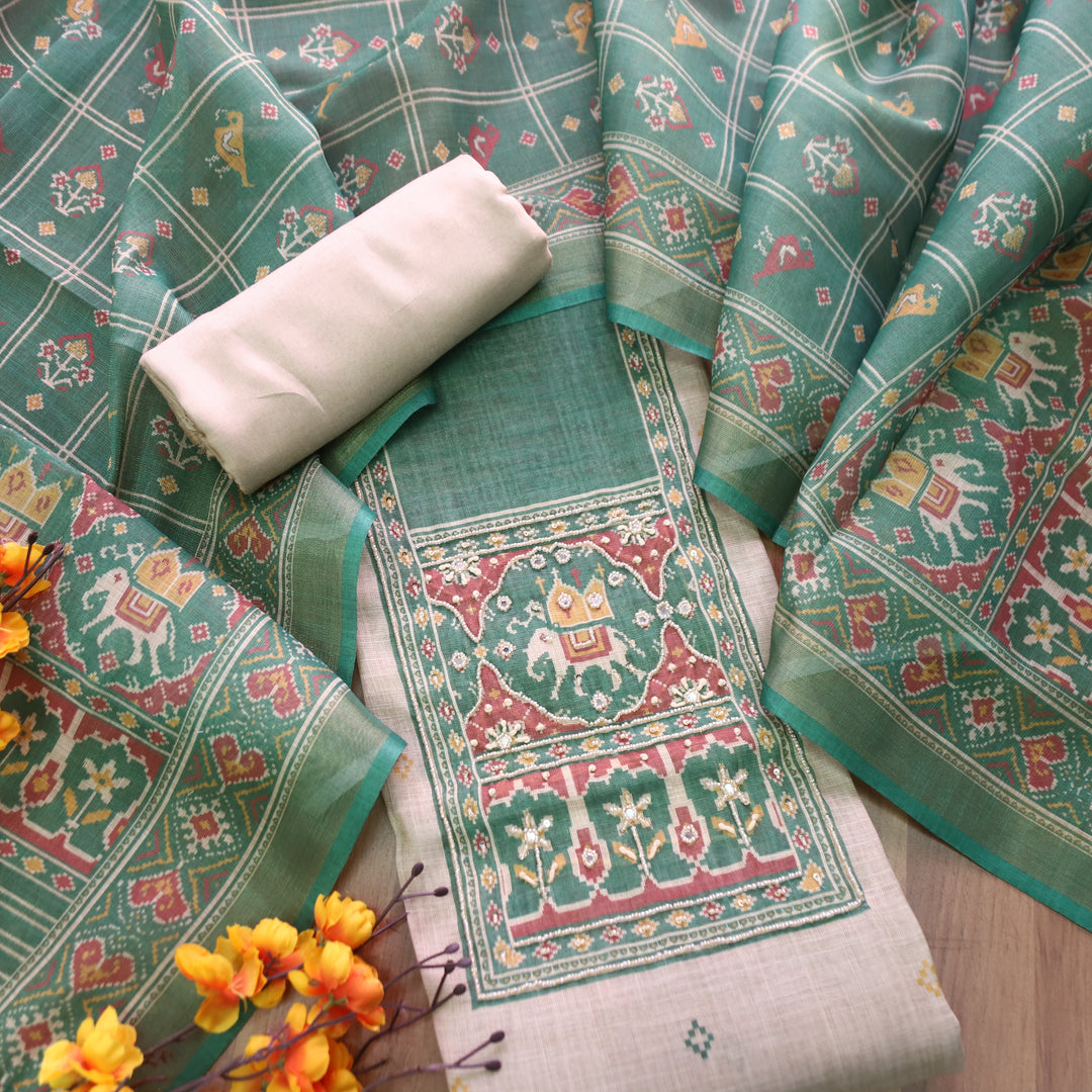 Vrindi Beige with Green Moti Work Patola Printed Yoke and Hem Shimmer Tissue Linen Set