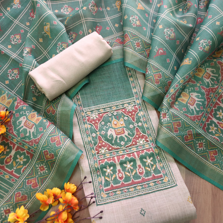 Vrindi Beige with Green Moti Work Patola Printed Yoke and Hem Shimmer Tissue Linen Set