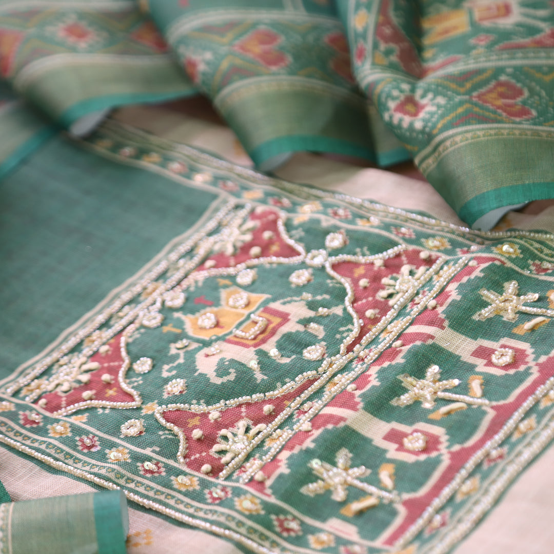 Vrindi Beige with Green Moti Work Patola Printed Yoke and Hem Shimmer Tissue Linen Set