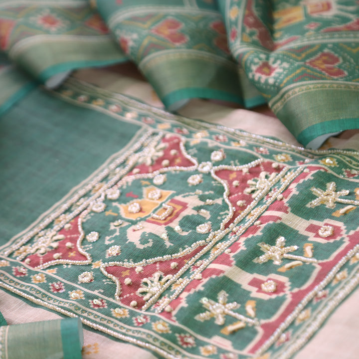Vrindi Beige with Green Moti Work Patola Printed Yoke and Hem Shimmer Tissue Linen Set