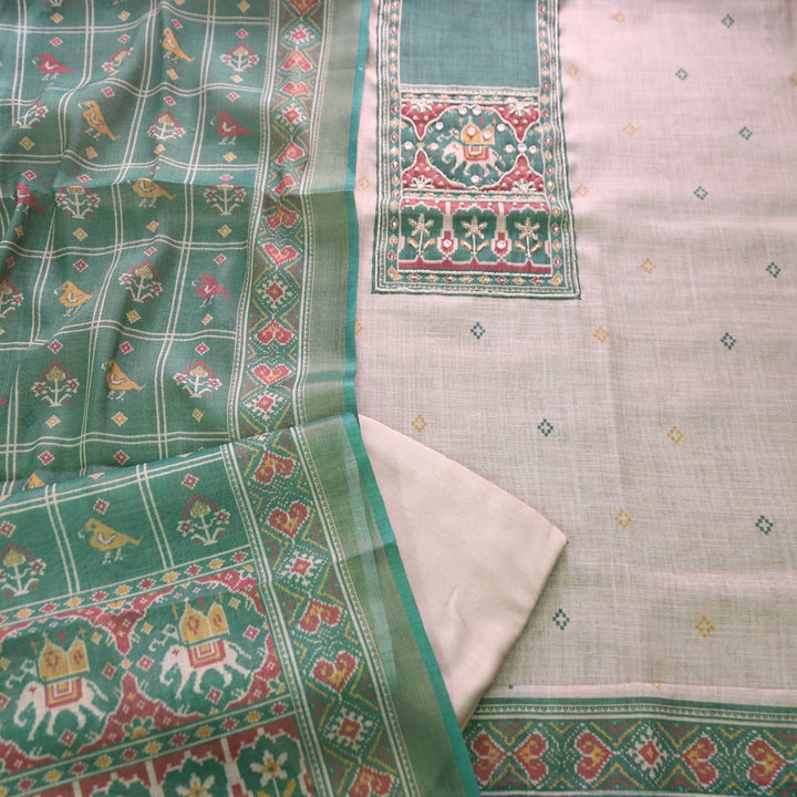 Vrindi Beige with Green Moti Work Patola Printed Yoke and Hem Shimmer Tissue Linen Set