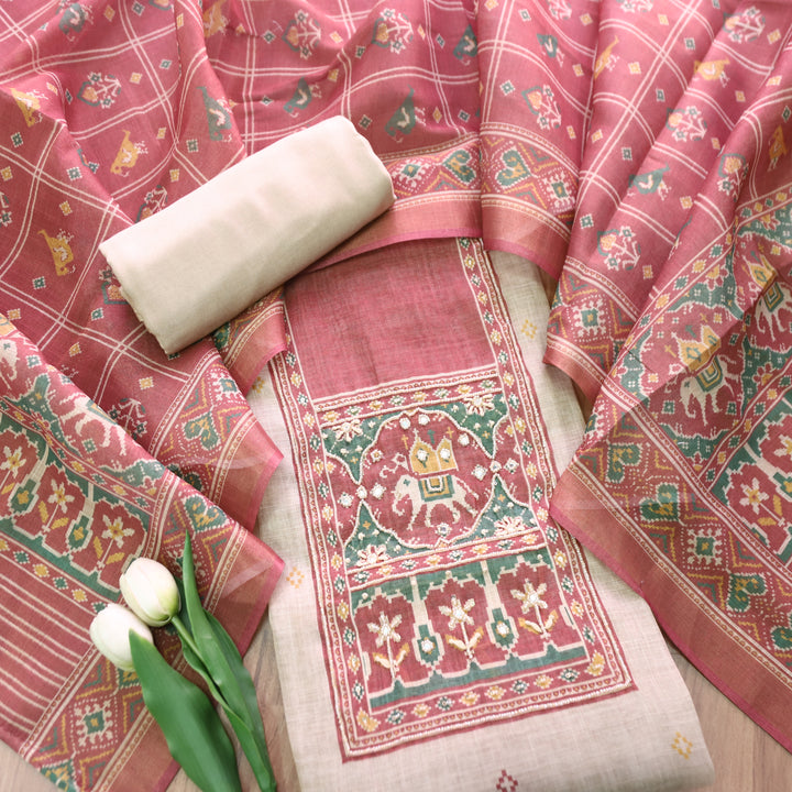 Vrindi Beige with Pink Moti Work Patola Printed Yoke and Hem Shimmer Tissue Linen Set