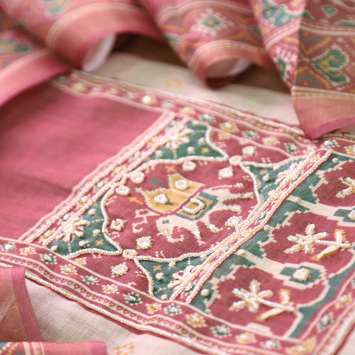 Vrindi Beige with Pink Moti Work Patola Printed Yoke and Hem Shimmer Tissue Linen Set