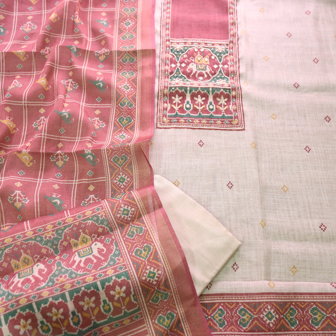 Vrindi Beige with Pink Moti Work Patola Printed Yoke and Hem Shimmer Tissue Linen Set
