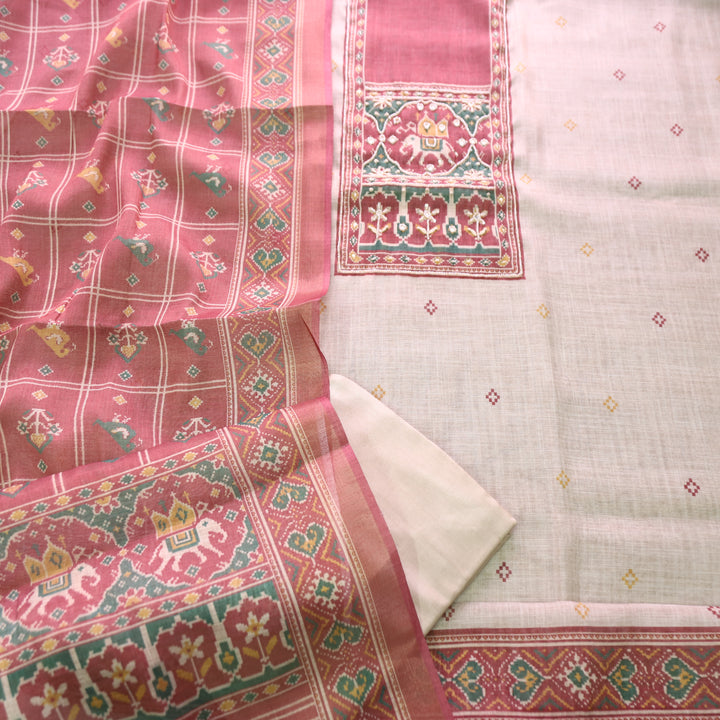 Vrindi Beige with Pink Moti Work Patola Printed Yoke and Hem Shimmer Tissue Linen Set