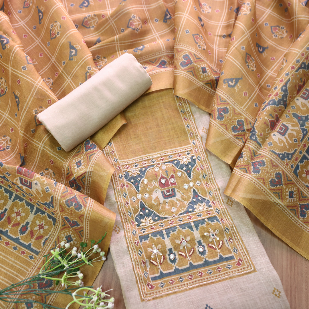 Vrindi Beige with Yellow Moti Work Patola Printed Yoke and Hem Shimmer Tissue Linen Set