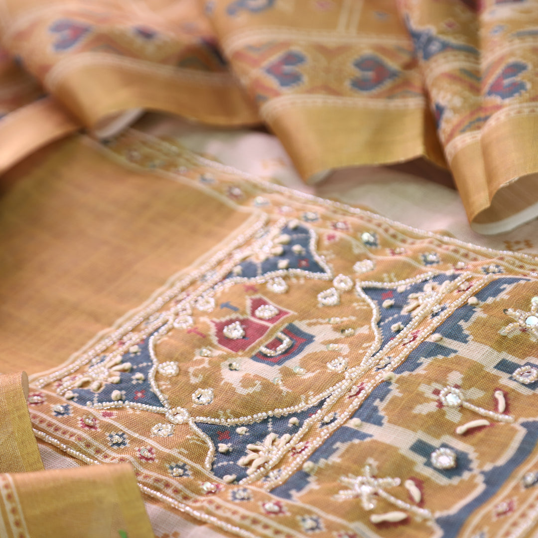 Vrindi Beige with Yellow Moti Work Patola Printed Yoke and Hem Shimmer Tissue Linen Set