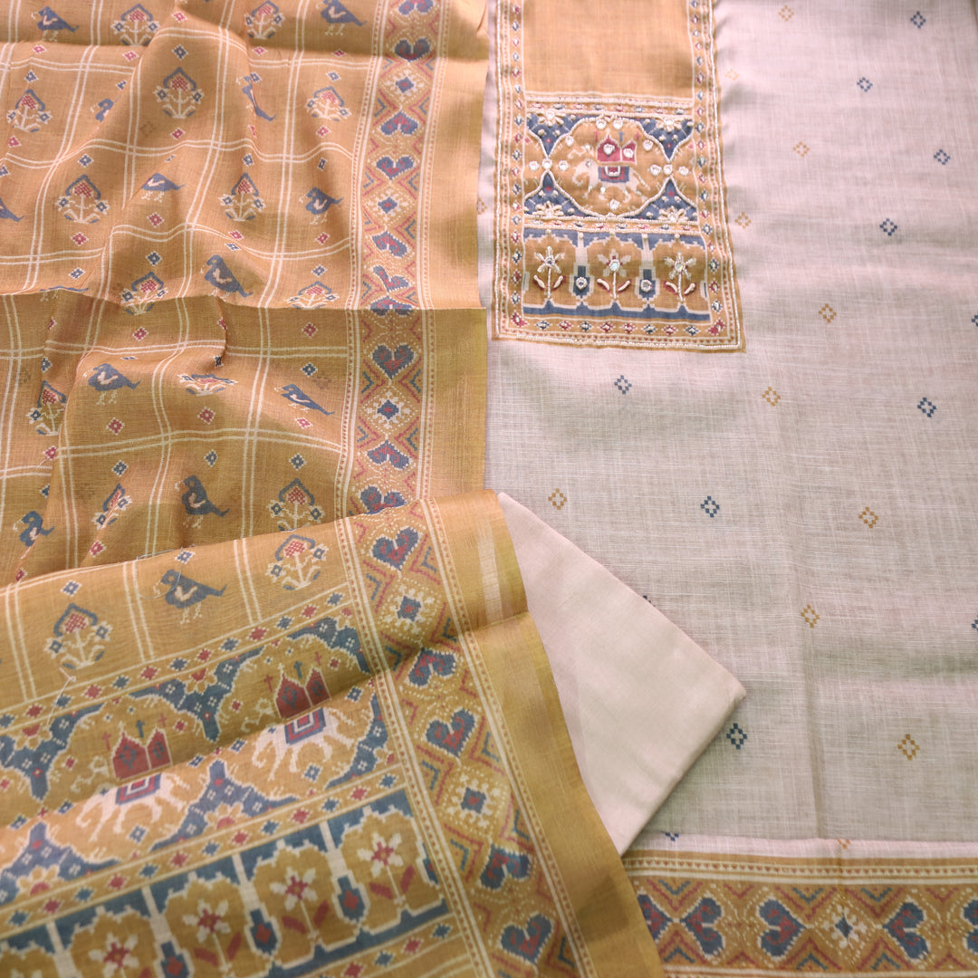 Vrindi Beige with Yellow Moti Work Patola Printed Yoke and Hem Shimmer Tissue Linen Set