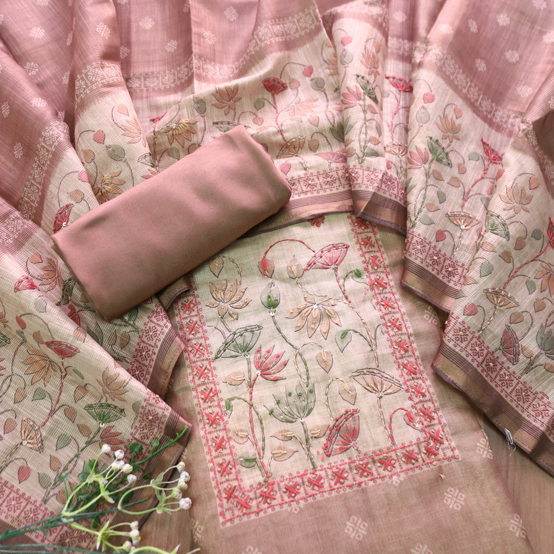 Mahira Powder Beige French Knot Work in Floral Printed Shimmer Tissue Linen Set