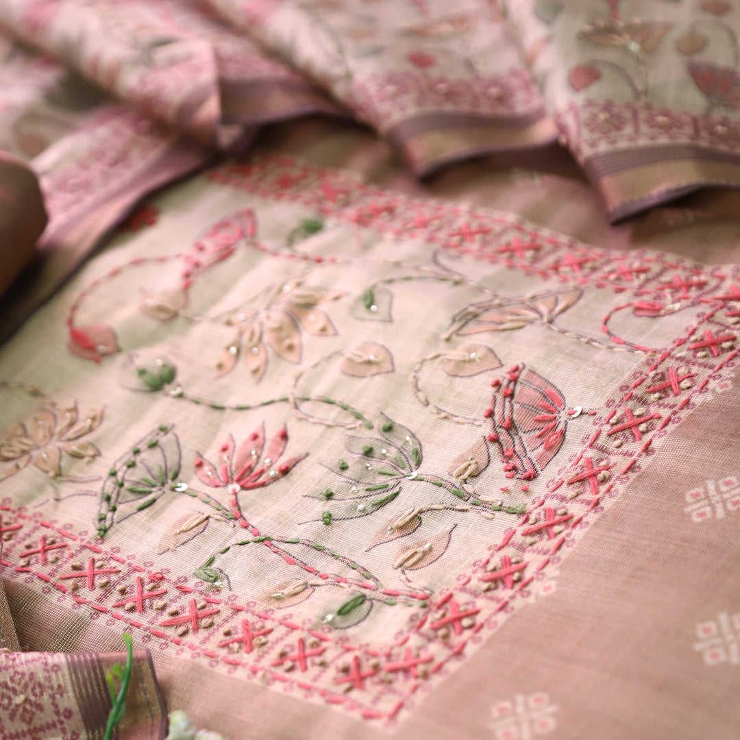 Mahira Powder Beige French Knot Work in Floral Printed Shimmer Tissue Linen Set