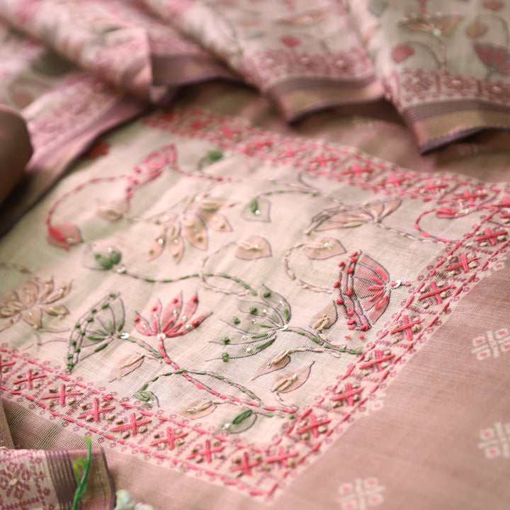Mahira Powder Beige French Knot Work in Floral Printed Shimmer Tissue Linen Set