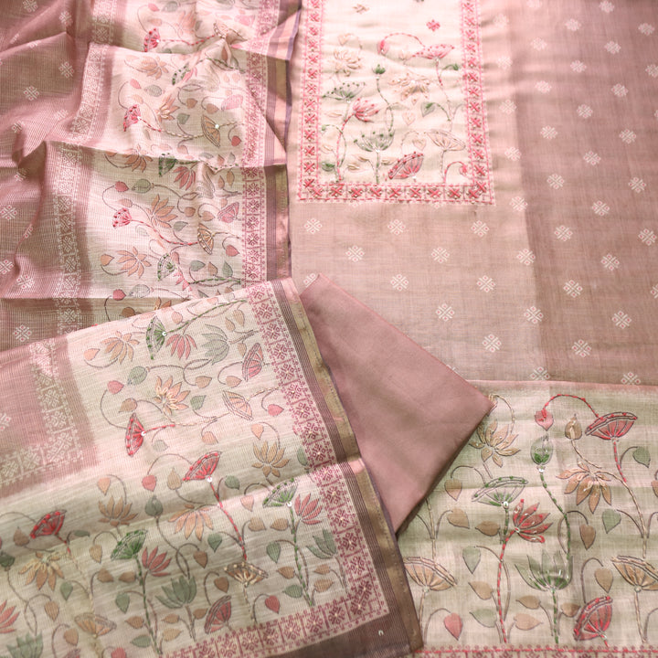 Mahira Powder Beige French Knot Work in Floral Printed Shimmer Tissue Linen Set
