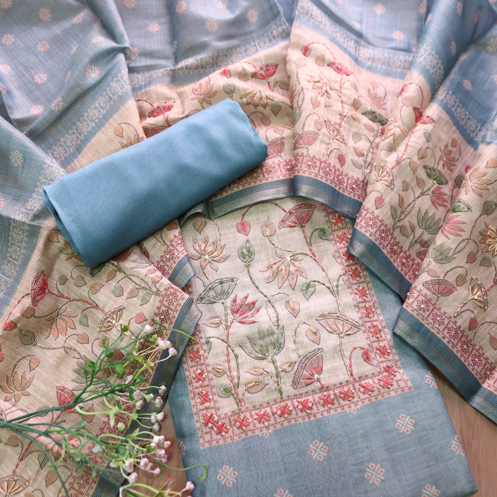 Mahira Stone Blue French Knot Work in Floral Printed Shimmer Tissue Linen Set