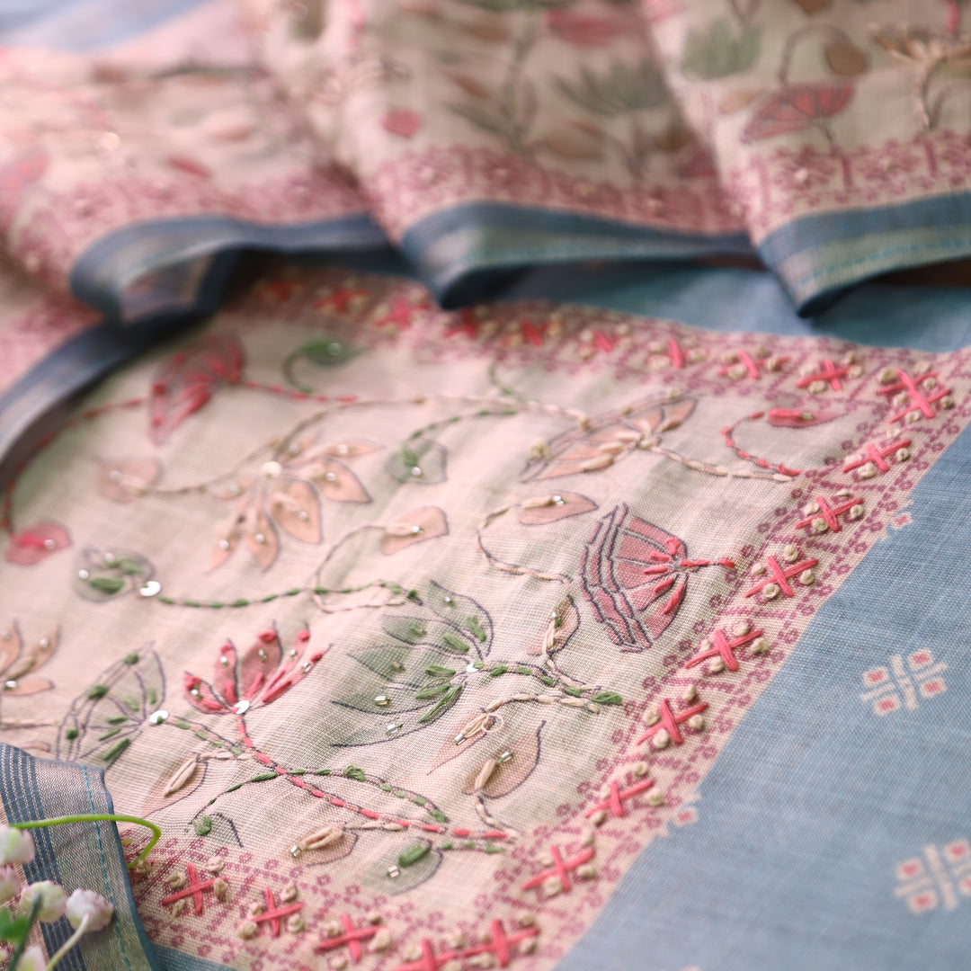 Mahira Stone Blue French Knot Work in Floral Printed Shimmer Tissue Linen Set