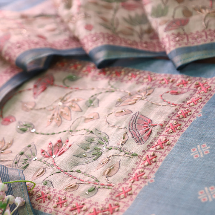 Mahira Stone Blue French Knot Work in Floral Printed Shimmer Tissue Linen Set