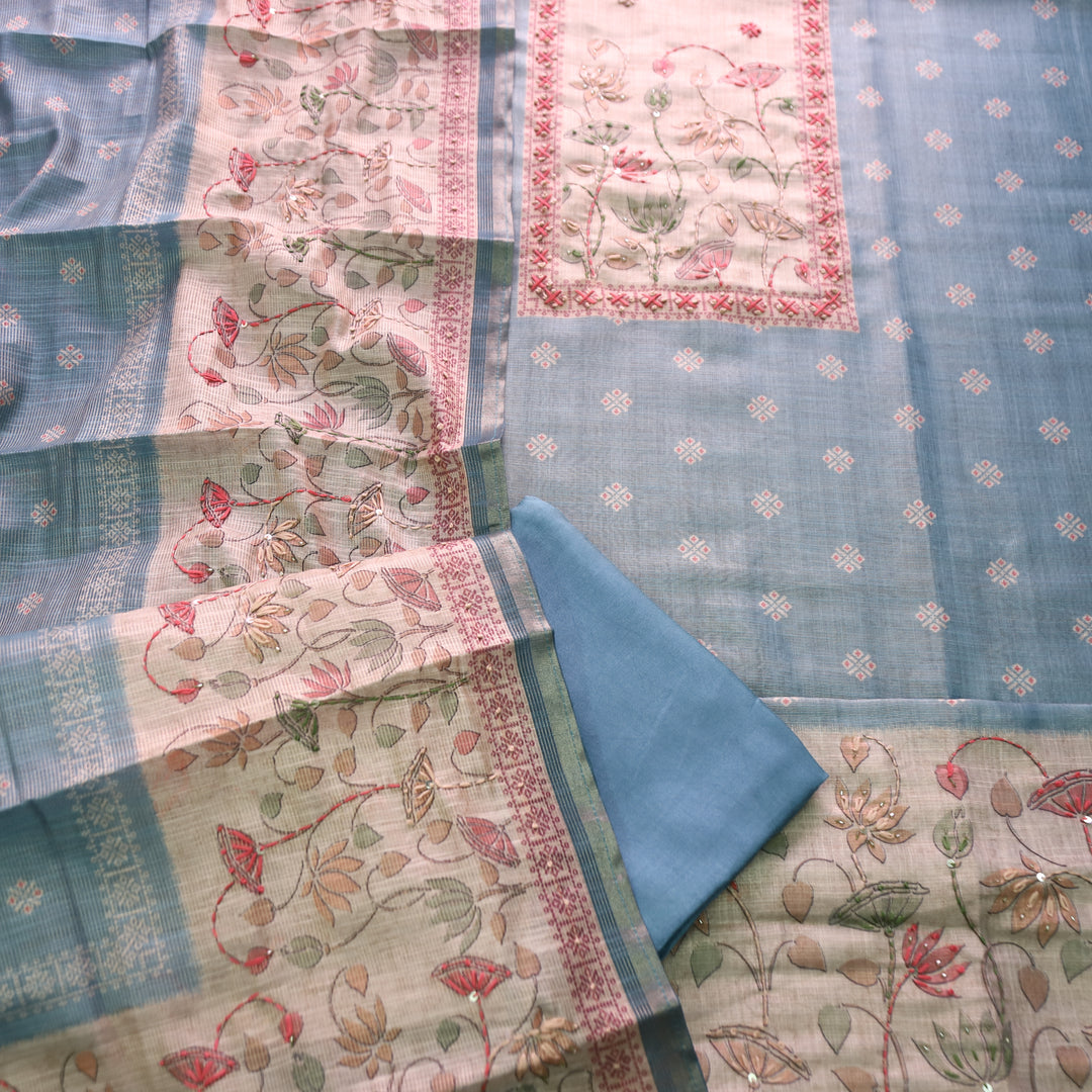 Mahira Stone Blue French Knot Work in Floral Printed Shimmer Tissue Linen Set