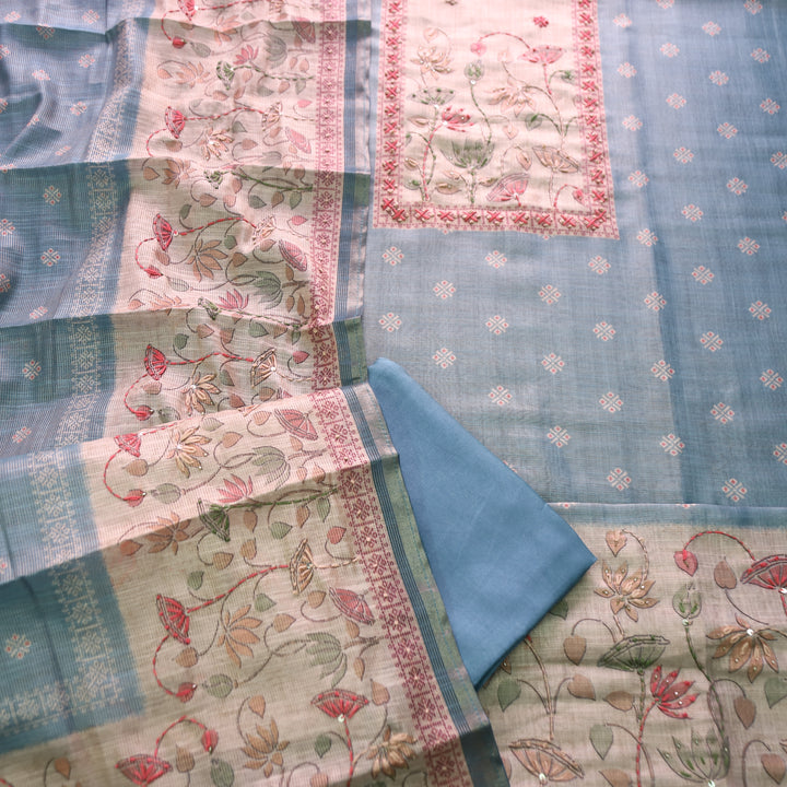 Mahira Stone Blue French Knot Work in Floral Printed Shimmer Tissue Linen Set