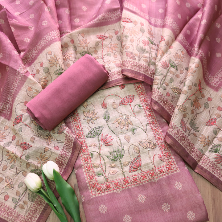 Mahira Mauve Pink French Knot Work in Floral Printed Shimmer Tissue Linen Set