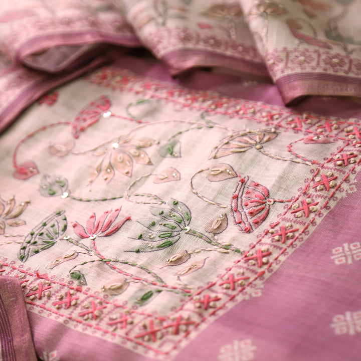 Mahira Mauve Pink French Knot Work in Floral Printed Shimmer Tissue Linen Set